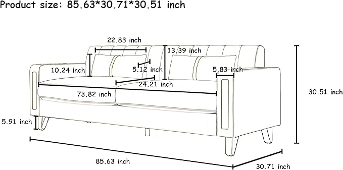 Couch 85.62" 3 Seats Sectional Velvet Fabric Sofa Easy Assemble Sofa Bed with 2 Couch Pillows,Gold Metal Legs for Living Room (P17, Black（3+1+1）)