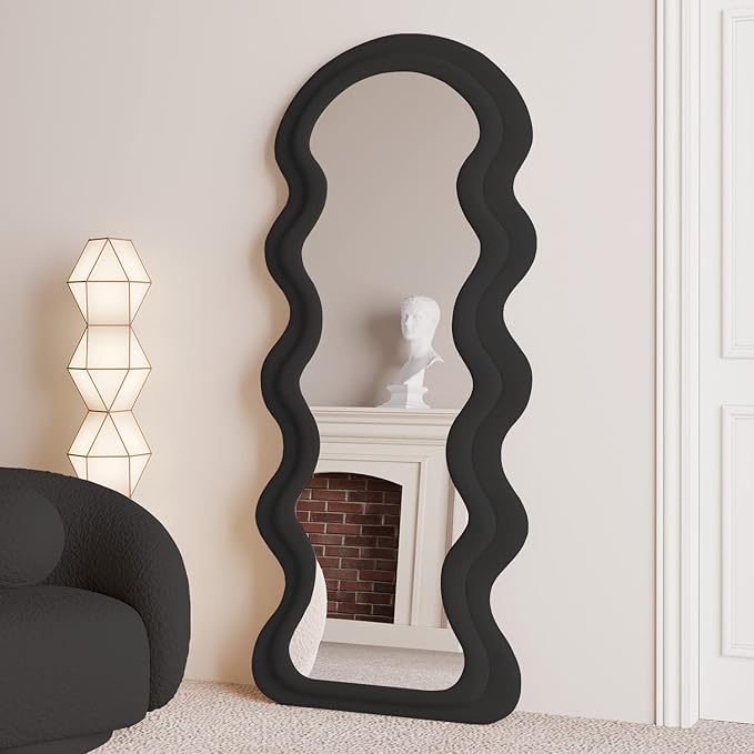 BOJOY Full Length Wavy Mirror, 63"x24", Arched Floor & Wall Mirror - Standing, Hanging or Leaning - Flannel Wrapped Wooden Frame - Black
