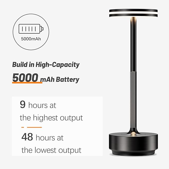 Hapfish Rechargeable Cordless Table Lamps, 5000mAh Battery Operated Lamp, 3 Color Modes, Dimmable, LED Table Lamps for Living Room,Outdoor, Dinner,Patio,Restaurant – Black