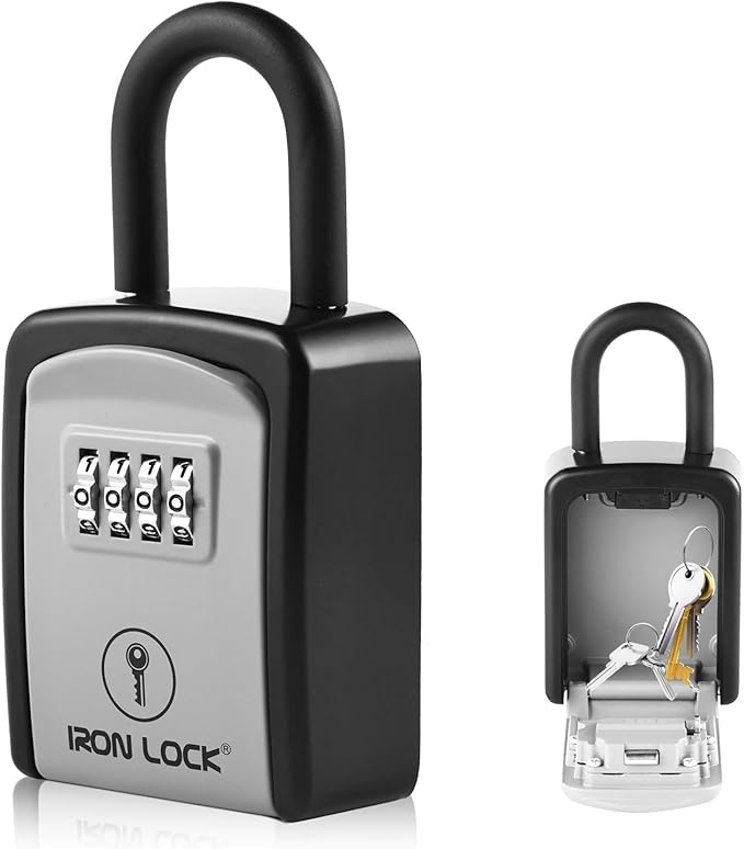 Iron Lock® Key Lock Box Portable with U-Shackle – Small Waterproof Heavy-Duty Metal Safe with 4-Digit Combination for Spare Keys Outside on Door Knob, Fence, or Gate (Grey, Small)