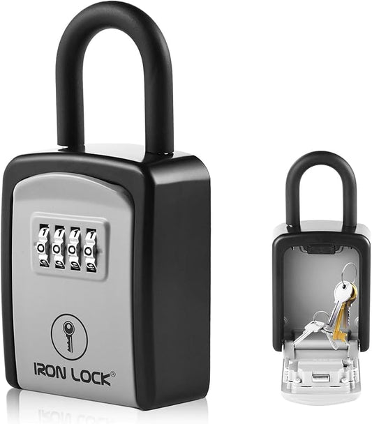 Iron Lock® Key Lock Box Portable with U-Shackle – Small Waterproof Heavy-Duty Metal Safe with 4-Digit Combination for Spare Keys Outside on Door Knob, Fence, or Gate (Grey, Small)