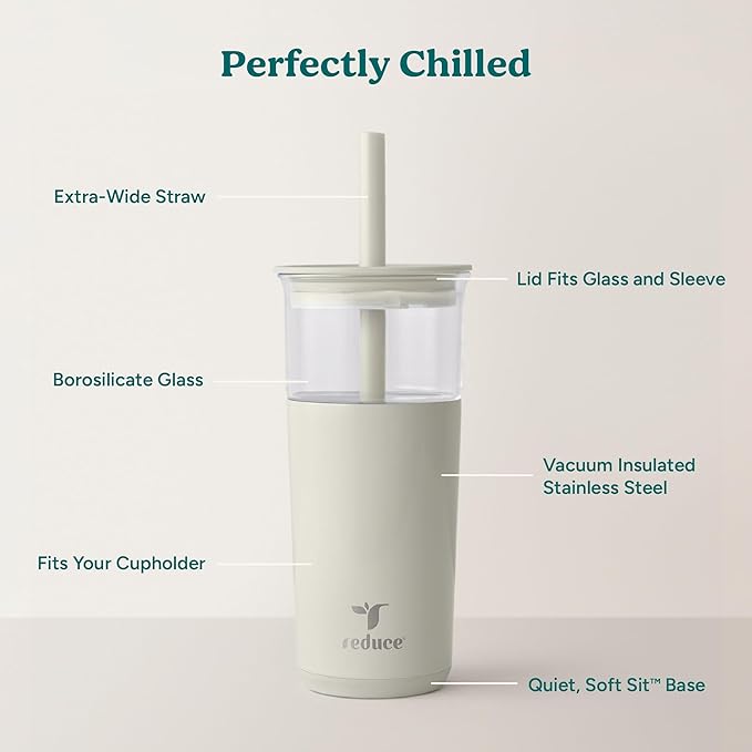 REDUCE Aspen 20 oz Vacuum Insulated Glass Tumbler with Lid & Extra Wide Straw - Keeps Drinks Cold for 12 Hrs - Ideal for Iced Coffee, Smoothies & Boba - Dishwasher Safe, Soft Base - Unbleached