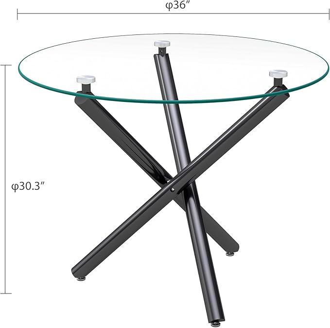 36" Round Glass Dining Room Table for 4 with Tempered Glass Top and Black Metal Tube Legs, Modern Clear Kitchen and Dinner Table for Home Office Dining Room