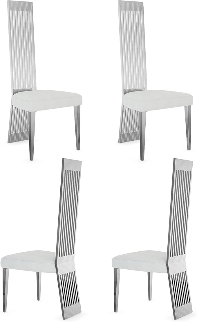 Silver Dining Chair Set of 4, White Boucle Dining Chairs with Polished Silver Stainless Steel Backrest and Legs, Modern Elegant Upholstered Dining Room Chairs for Dining Room Kitchen Restaurant