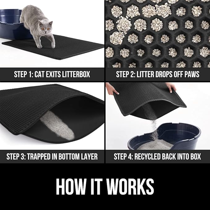 GORILLA GRIP Honeycomb Cat Litter Box Mat, 35x24 Two Layer Trapping Waste Mats, Soft On Paws, Litter Box Supplies and Essentials for Indoor Cats, Traps Excess, Water Resistant for Floors, Black