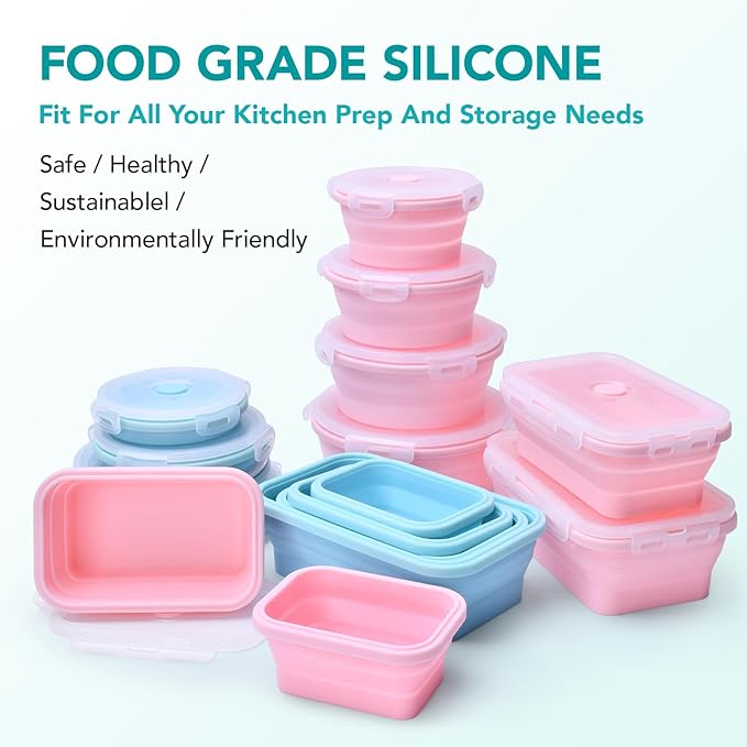 4 Pack Silicone Collapsible Bowls with Lids for Camping, Square Food Storage Containers Set, Leak-Proof & Portable Collapsible Kitchen Containers for Travel, Hiking, Picnic & Meal Prep