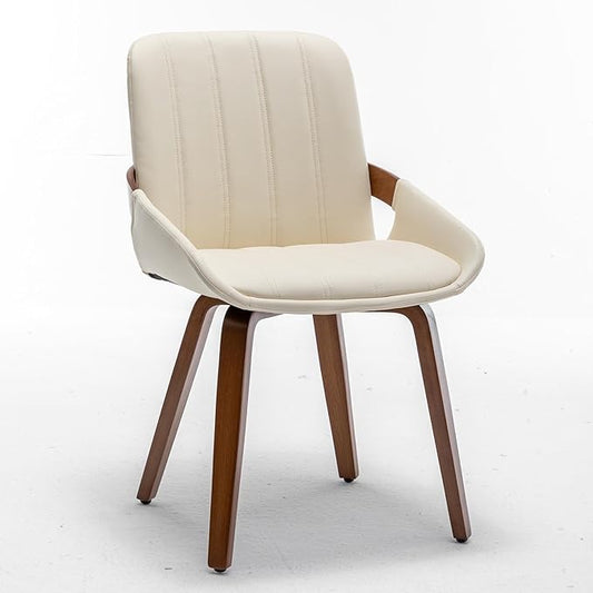 Mid Century Modern Faux Leather Upholstered Dining Chairs,Armless Accent Chairs with Sturdy Natural Wood Legs,Bamboo Backrest Support for Kitchen&Dining Room Chairs(1PCS,Beige)