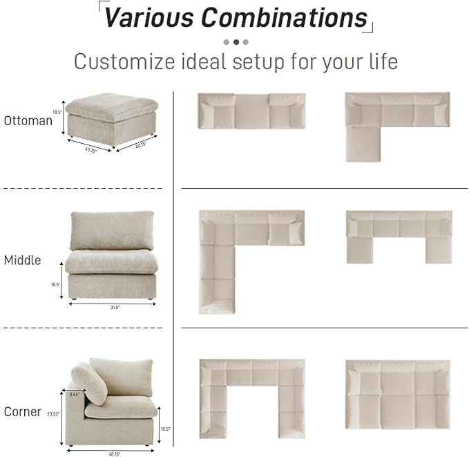 Cloud Couch Modular Sectional Sofa,160.6" Down Filled Couch with Storage Ottoman,4 Seater +1 Ottoman, Convertible Sectional Sofa for Living Room,Covers Removable & Washable, Khaki