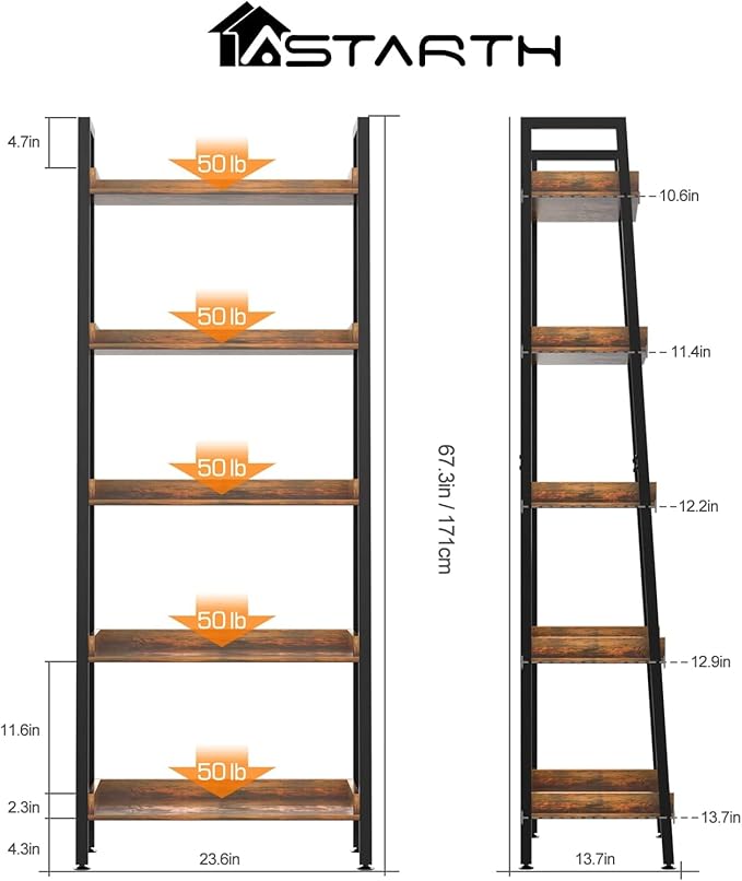 ASTARTH Ladder Shelf-5 Tier Bookshelves w/Open Shelf for Storage, Industrial Bookshelf & Tall Ladder Shelf-Metal Frame for Bedroom, Living Room, Kitchen-67.3'' H, Easy Assembly, Rustic Brown (HD021)