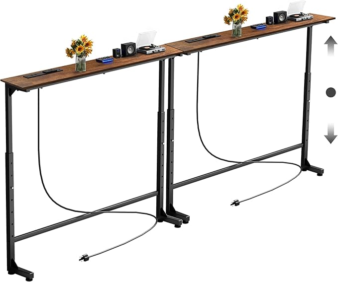 78 inch Narrow Console Table with Outlet,Adjustable Height(25"-37") Behind Sofa Table,Couch Behind Table Skinny,Couch Shelf with Charging Station,Long Entryway Table for Living Room,Brown