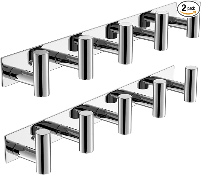 VAEHOLD Hat and Coat Wall Mount Rack - Hooks for Robes, Bags, Keys, and Towels - Bathroom Towel Hanger Organizer (Polished Chrome, “T“ Shape 5 Hooks 2 Pack)