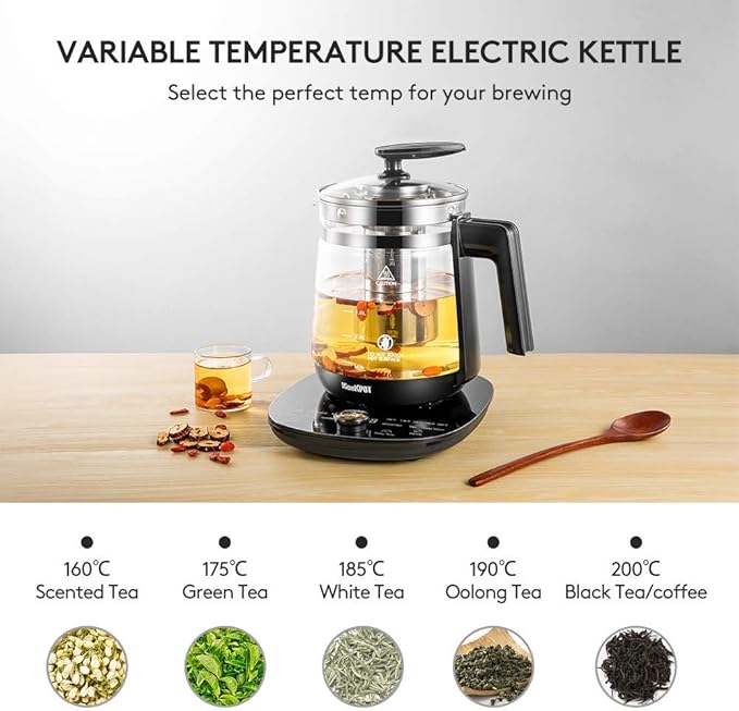 Electric Kettle Temperature Control Glass Tea Kettle Programmable Control Tea Pot, 2 Liter Stainless Steel Tea Maker & Coffee Kettle with Tea Infuser, Egg Cooker and Yogurt Box, BLACK
