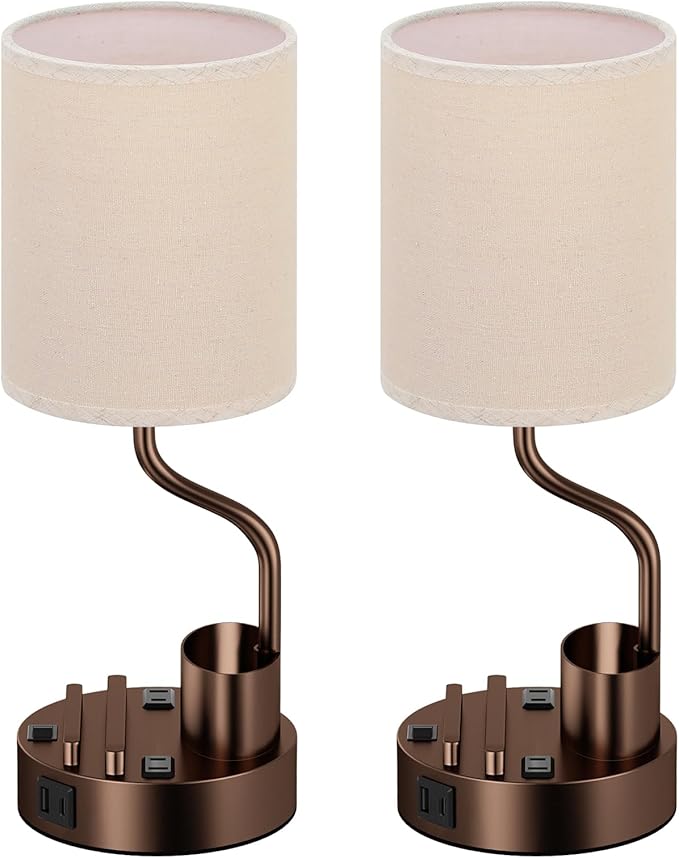 Bedside Table Lamps for Bedroom Set of 2 - Beige Nightstand Lamp with AC Outlet Charging Port and USB A C, 3 Color Temperatures, Included Phone & Pen Holder, Brown Night Stand Lamps for Guest Room