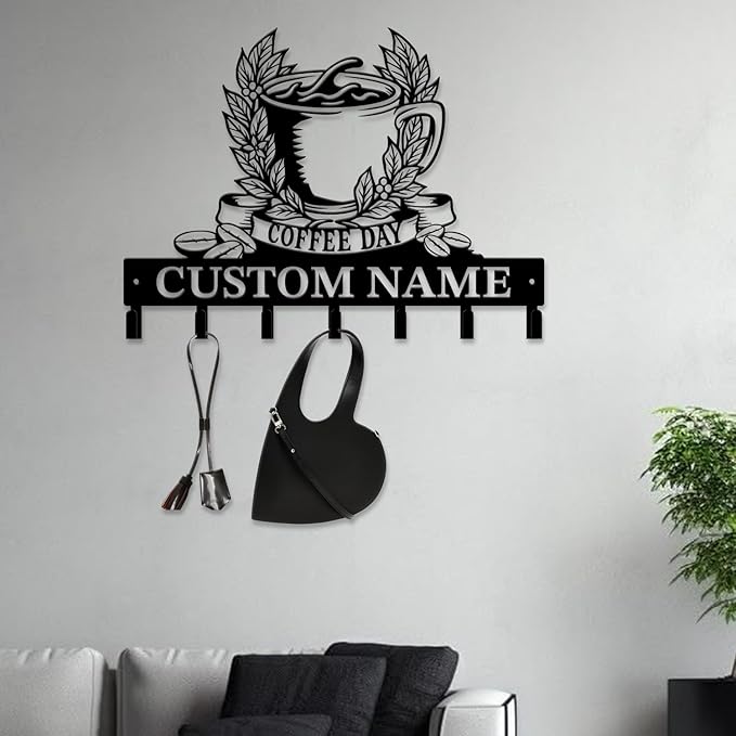 Coffee Bar Keys Holder - Metal Iron Wall Hooks with Custom Name | Personalized Home Decor & Gift Idea | Coffee-Themed Text Engraving Design (Style J)