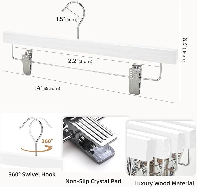 HOUSE DAY Premium Wooden Pants Hangers 25 Pack, Solid Lotus Wood Skirt Hangers with 2-Adjustable Clips, Heavy Duty & Anti Slip Wood Bottom Hanger for Slacks, Jeans, Trousers, Shorts (White)