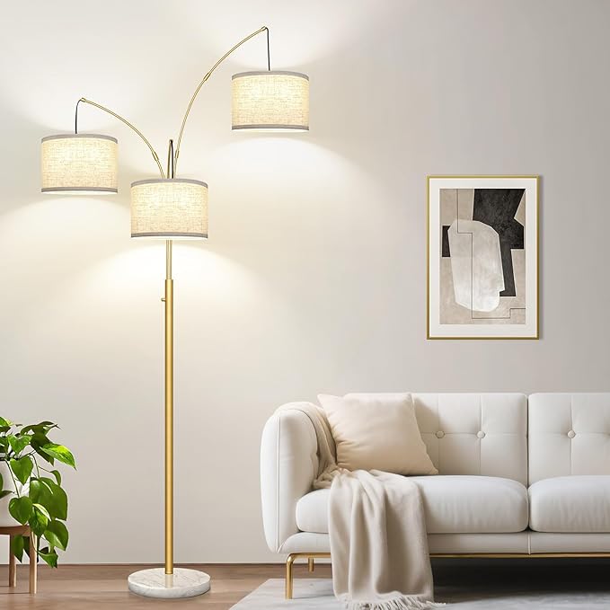 Dimmable Floor Lamp - 3 Lights Gold Arc Floor Lamps for Living Room, 1000LM Modern Tall Standing Lamp with White Shade&Marble Base, Mid Century Tree Floor Lamp for Bedroom Office, 3 LED Bulbs Included