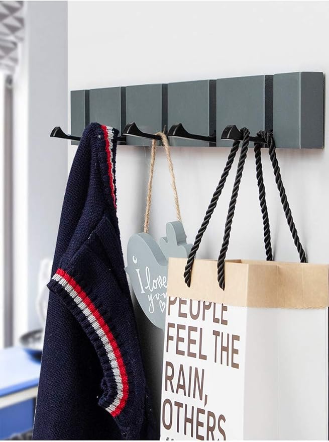 Grey Modern Wall Mounted Coat Rack, Folding Hooks, Sleek Space-Saving Hanger for Coats, Keys - 6 Hooks
