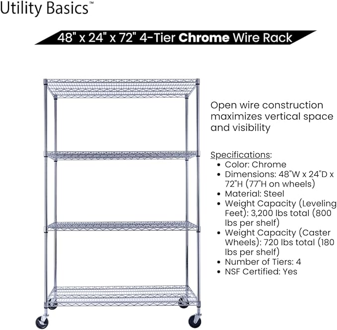 NSF Commercial 4-Tier Wire Shelving with Wheels, 48"x24"x72" Heavy Duty Metal Shelves 3200 lbs Max Capacity, Chrome Storage Rack for Garage Kitchen Pantry Warehouse