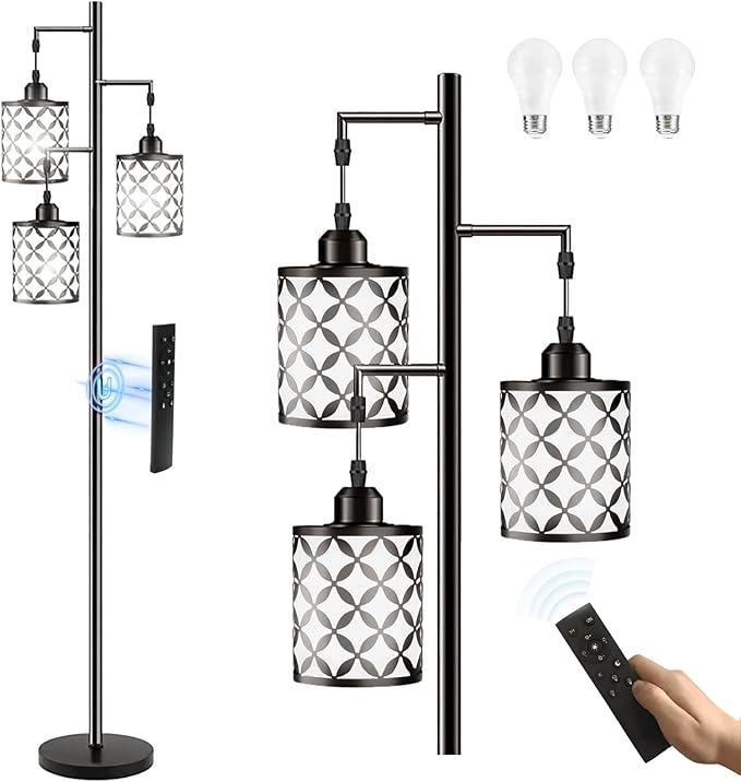 New Upgraded 72" Tall Dimmable Floor Lamp, 3 x 800LM 9W LED Bulbs Included, Farmhouse Standing Lamp with Remote Control, Industrial Tree Pole Floor Lamps for Living Room, Bedroom, Study Room - Black
