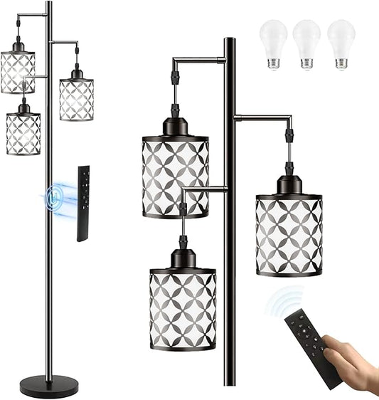 New Upgraded 72" Tall Dimmable Floor Lamp, 3 x 800LM 9W LED Bulbs Included, Farmhouse Standing Lamp with Remote Control, Industrial Tree Pole Floor Lamps for Living Room, Bedroom, Study Room - Black