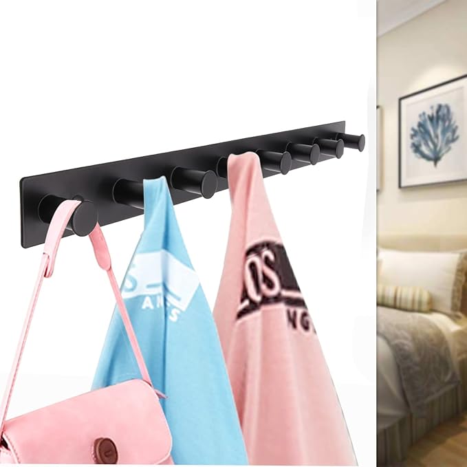 Coat Rack Wall Mounted, White Coat Hooks Screw in, Stainless Steel Door Hooks for Hanging Hat Towels Clothes, Hook Rail with 8 Round Hangers (Black, 8 Hooks)