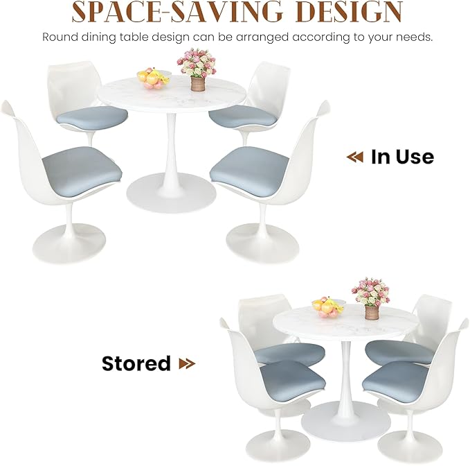 DKLGG White Marble Round Dining Table, 31.5" Tulip Kitchen Dining Table 2-4 People with MDF Top & Pedestal Base, Mid-Century End Table Leisure Coffee Office Living Room Table