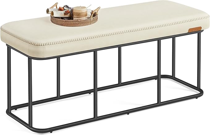 VASAGLE EKHO Collection - Storage Bench for Entryway, Ottoman Bench with Steel Frame, 43.3-Inch Wide, Synthetic Leather, Living Dining Room, Mid-Century Modern, Loads 660 lb, Cream White ULOM085W02