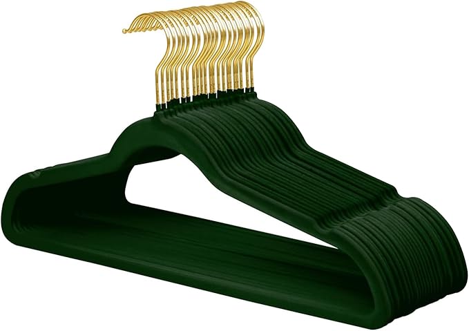 ManGotree Velvet Coat Hangers with 360° Swivel Gold Hook, Non-Slip Felt Suit Hangers, Ultra-Thin Space Saving Clothes Hanger for Jacket, Sweater, Shirt, Dress, Pants (22 Pack, Green)