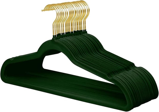 ManGotree Velvet Coat Hangers with 360° Swivel Gold Hook, Non-Slip Felt Suit Hangers, Ultra-Thin Space Saving Clothes Hanger for Jacket, Sweater, Shirt, Dress, Pants (22 Pack, Green)