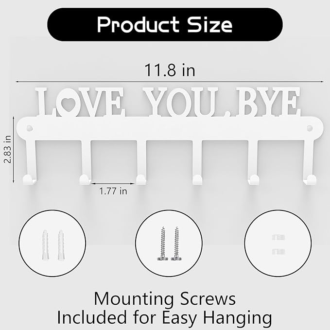 Key Holder for Wall - 'Love You Bye' Key Hooks,Key Holder Wall Mount Self Adhesive, Key Rack Wall Mount for Wall No Drill for Living Room, Kitchen, Bathroom, Garage (White, 6 Hooks)