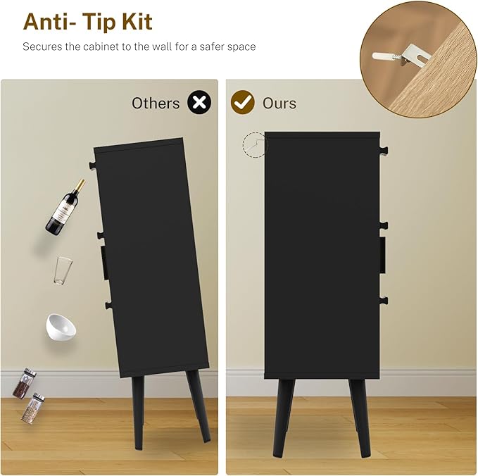 Iwell Storage Cabinet with Rattan Door & 3 Drawers, Rattan Cabinet with Adjustable Shelf, Sideboard Buffet Cabinets with Storage, Entryway Cabinets, for Living Room, Dining Room, Entryway, Black