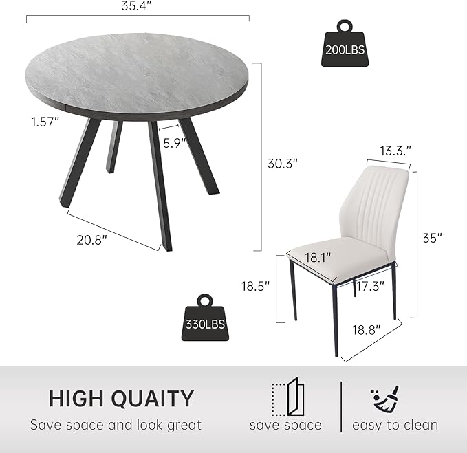 34.6'' Round Dining Table and Chairs for 2, Space Saving Modern Casual Coffee Table Set for Apartment Kitchen Dining Room (Grey Table+2 White Chairs)