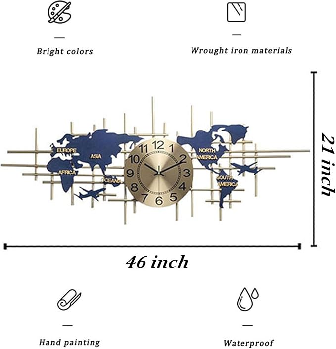 37.8 Inch Modern World Map Wall Clock, Silent Quartz 3D Design, Large Handmade Iron Frameless Decorative Clock for Living Room, Bedroom, Kitchen, Office (Large)