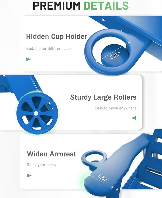 Lounge Chair Outdoor, Patio Chaise Lounge, HDPE 6-Position Outdoor Chaise Lounge, Patio Lounge Chair with Wheels & Cup Holder for Pool Poolside Deck Backyard, Navy Blue