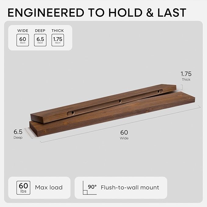 Homeforia Classic Walnut 60 inch Floating Shelf, High End Solid Real Wood Small 60inch Floating Shelves for Wall Mounted, 60in Floating Shelves, Heavy Duty Bracket, 60 X 6.5 X 1.75 inches, Set of 3