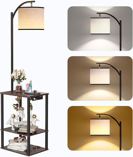 SUNMORY Floor Lamp with Table, End Table for Living Room with Lamp, Shelves Side Table with Charging Station(USB & AC Port), 3 Color Temperature LED Bulb, Modern Nightstand Lamp for Bedroom, Office