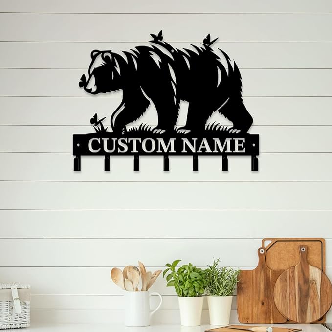 Personalized Custom Name Bear Key Wall Hooks,Metal Bear Keys Clothes Hooks,Metal Bear Wall Home Storage Decorative,For Front Door, Hallway, Kitchen, Bedroom,Keys,Hats (Style G)