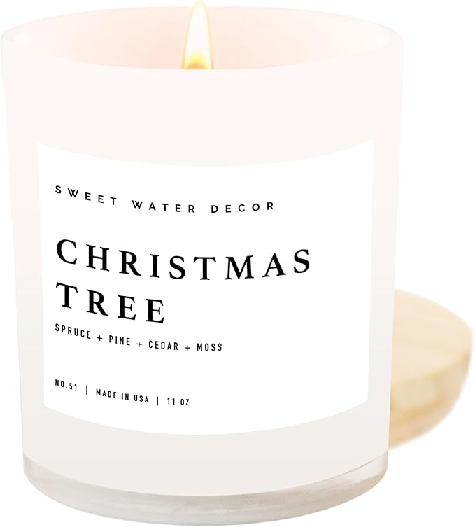 Sweet Water Decor Christmas Tree Soy Candle - Pine Needles, Cedarwood, Cypress, and Evergreen Holiday Scented Candles for Home - 11oz White Jar + Wood Lid, 50+ Hour Burn Time, Made in The USA