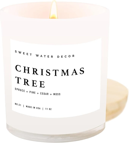 Sweet Water Decor Christmas Tree Soy Candle - Pine Needles, Cedarwood, Cypress, and Evergreen Holiday Scented Candles for Home - 11oz White Jar + Wood Lid, 50+ Hour Burn Time, Made in The USA