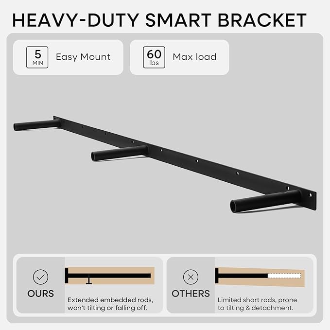 Homeforia Floating Black Shelf 60 inch, High End Solid Real Wood 60 inches Long Floating Shelves for Wall, Black Wooden 60inch Large Floating Shelves, Heavy Duty Bracket, 60 X 6.5 X 1.75 in, Set of 3