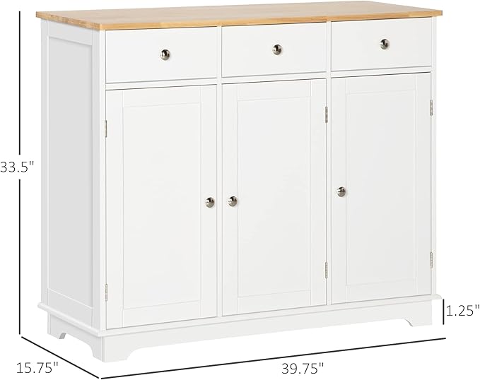 HOMCOM Sideboard with Solid Wood Countertop, Modern Kitchen Storage Cabinet, Coffee Bar Cabinet with 3 Drawers, Doors and Adjustable Shelf, White