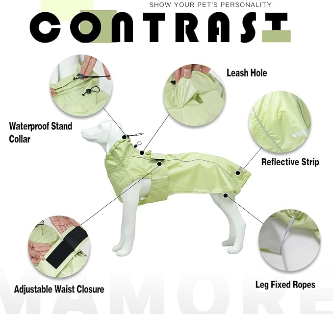 Waterproof Dog Raincoat with Reflective Strip, Adjustable Breathable Rain Coat Jacket with Leash Hole for Dogs (Light Green, Small)