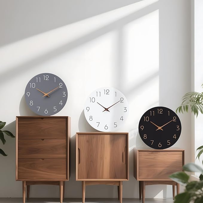 Mosewa Wall Clock Silent Non Ticking Decorative for Kitchen Bedroom Bathroom Office Living Room Battery Operated 10 Inch Gray Wood Modern Simple