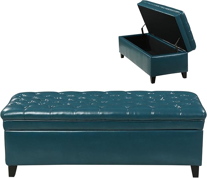 Setawix PU Leather Storage Benches for Bedroom,50" Bed End Bench with Storage,Tufted Teal Storage Ottoman Bench for Living Room,Rectangle Entryway Benches with Storage and Seating (Teal, PU Leather)