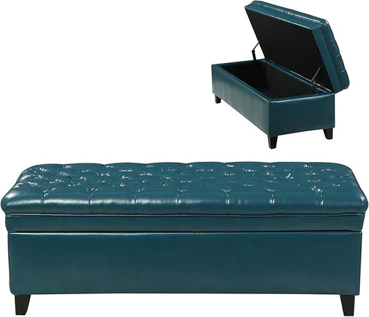 Setawix PU Leather Storage Benches for Bedroom,50" Bed End Bench with Storage,Tufted Teal Storage Ottoman Bench for Living Room,Rectangle Entryway Benches with Storage and Seating (Teal, PU Leather)