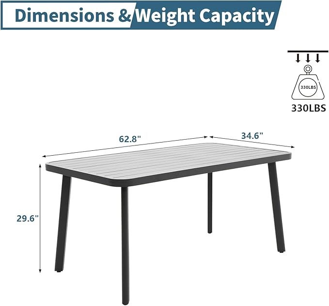 Outdoor Dining Table for 4 Person 62" Rectangle Aluminum Table Patio Furniture for Garden, Lawn, Patio, Grey