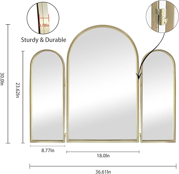 Trifold Vanity Mirrors 3 Way, 30 x 37in Adjustable Vanity Mirrors for Bathroom, Bedroom, Champaign Golden Arch Mirrors Wall Mounted Decoration, Braiding Hair, Makeup 360° Way