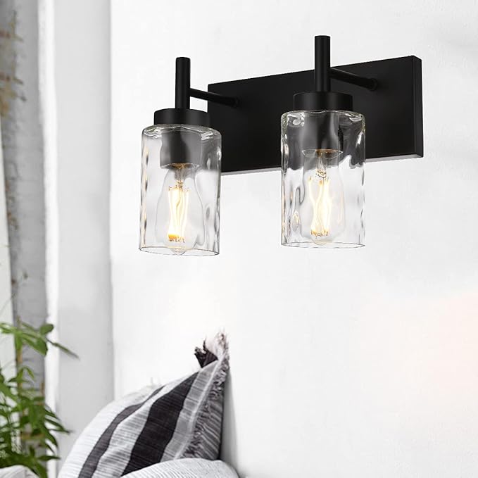 BONLICHT 2 Light Farmhouse Wall Sconce Vanity Lights Modern Black Bathroom Lighting Fixtures with Hammered Glass Shade,Industrial Porch Metal Wall Mount Lamp for Hallway Kitchen Bedroom Laundry Room