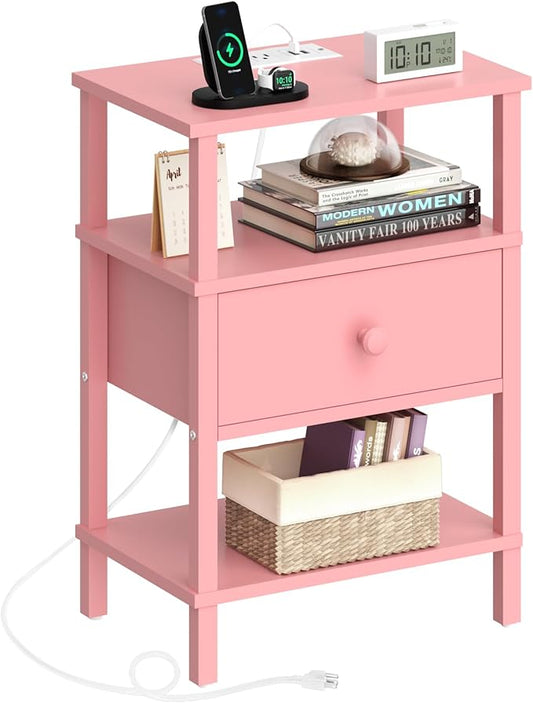 Lerliuo Nightstand with Charging Station and USB Ports, 3-Tier Storage Pink End Table with Drawer Shelf, Night Stand for Small Spaces, Wood Bedside Table for Living Room, Bedroom - ‌Light Pink