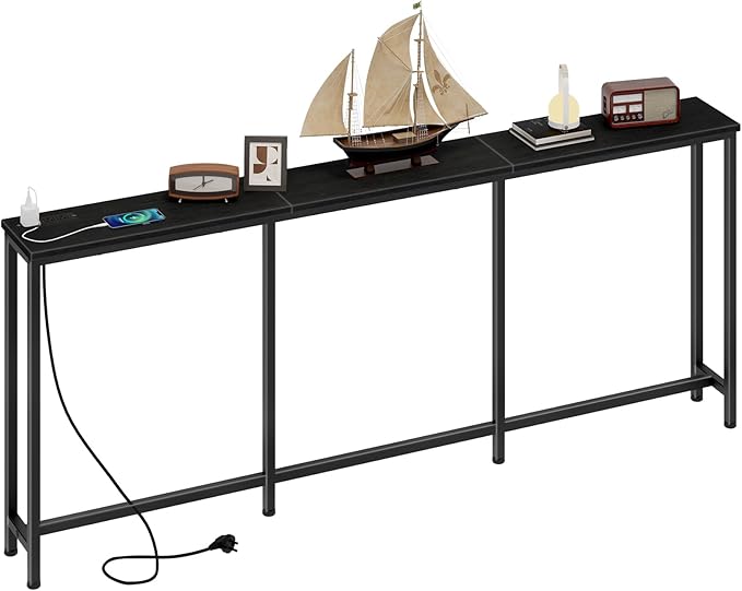 70.9" Narrow Console Table with Power Outlet 7.1" Skinny Sofa Table, Long Behind Couch with Charging Station for Hallway, Living Room Black TXG18UBB